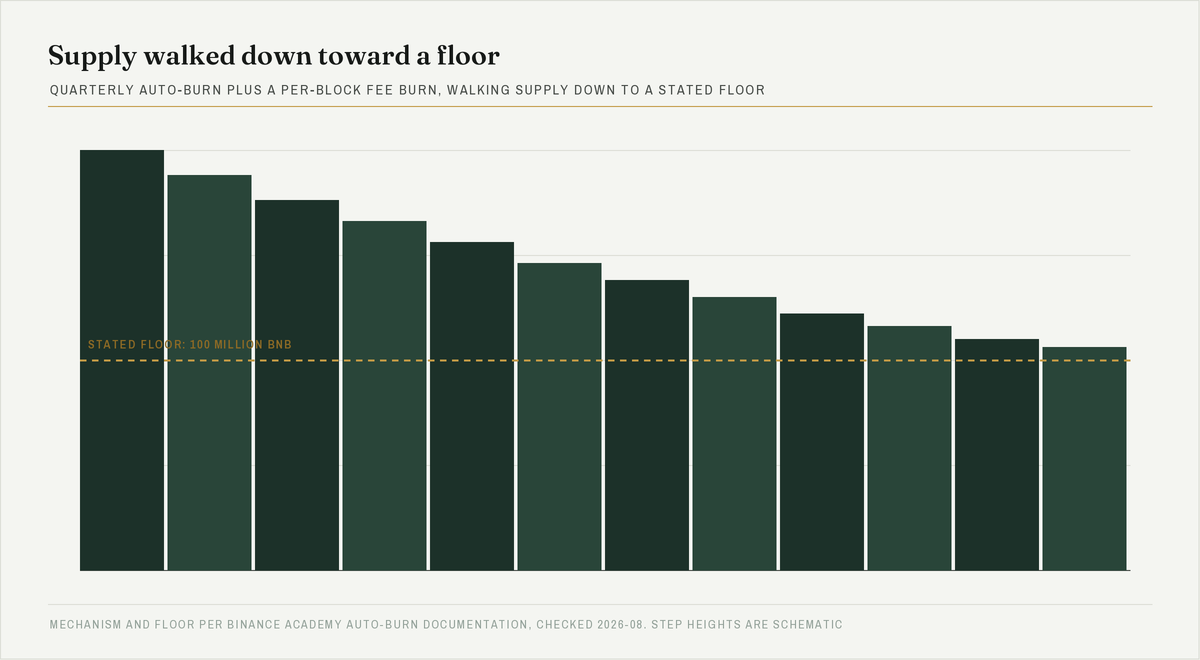 Staircase chart showing BNB supply stepping down over successive burns toward a marked floor at 100 million