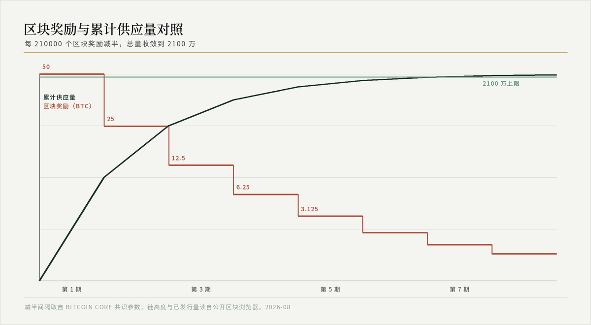 图表显示比特币区块奖励在每次减半时折半下降，同时累计供应量向 2100 万上限收敛